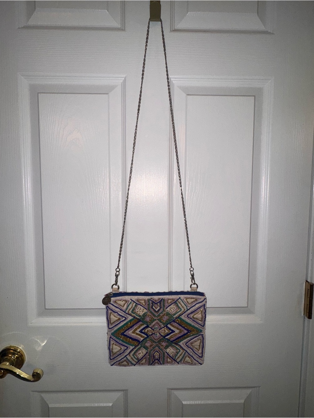 America & Beyond Embroidered Purple Geometric Crossbody Clutch with Chain Strap